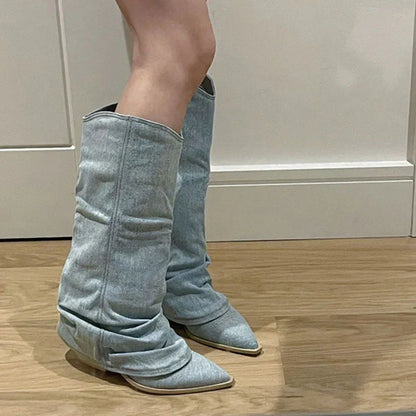 Kniehohe Denim-Stiefel mit isolierter Innenausstattung und rutschfester Sohle | Ideal für Winter