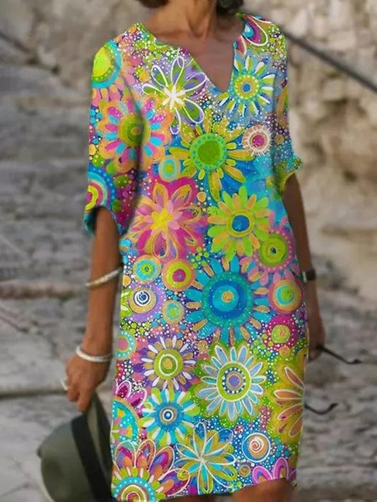 V-Ausschnitt Blumenkleid mit kurzen Ärmeln für Frauen | Ideal für den Sommer