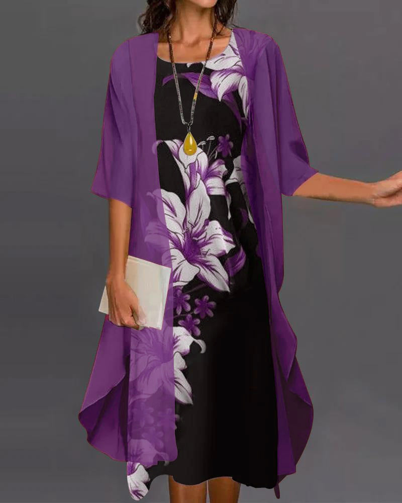 Bedrucktes Zweiteiliges Kleid mit Mittellangen Ärmeln und Asymmetrischem Saum | Ideal für Frühling und Sommer