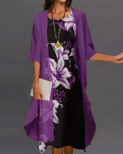 Bedrucktes Zweiteiliges Kleid mit Mittellangen Ärmeln und Asymmetrischem Saum | Ideal für Frühling und Sommer