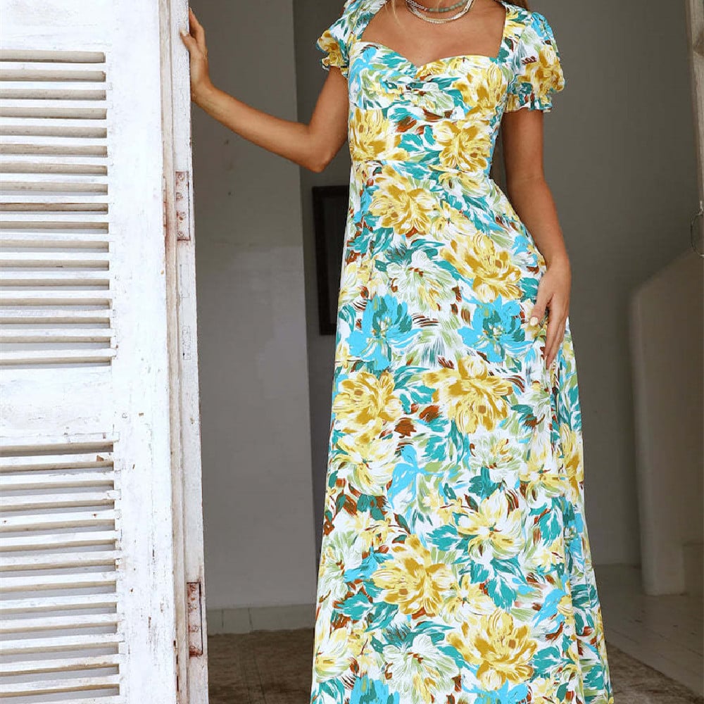 Blumenmuster Langes A-Linien Kleid mit Quadratkragen | Ideal für Frühling und Sommer