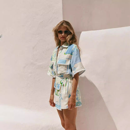 Spitzen-Druck Baumwoll-Leinen Zweiteiliges Set | Ideal für Frühling und Sommer