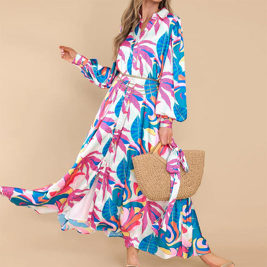 Langes Kleid mit Blumenmuster und Polokragen mit Weitem Saum | Ideal für Frühling und Herbst