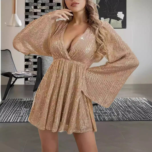 V-Ausschnitt Abendkleid mit Paillettenbund und Glockenärmeln | Ideal für Frühling und Herbst