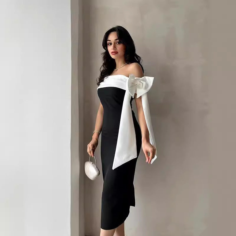 Schulterfreies Cocktailkleid mit Schleife in Schwarz-Weiß Kontrastoptik | Ideal für Abendveranstaltungen