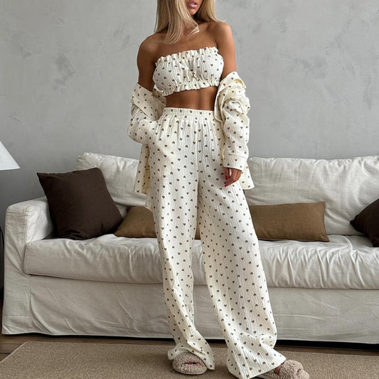 Baumwoll-Pyjama-Set mit Herzdruck und Langarm-Röhrenoberteil sowie Hose | Ideal für Alle Jahreszeiten