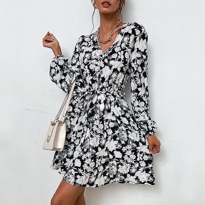 Bedrucktes V-Ausschnitt A-Linien Kleid mit Schnürung | Ideal für Frühling und Herbst