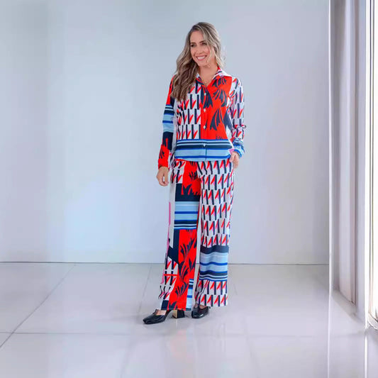 Bluse mit Reverskragen und Weitbeiniger Hose im Set | Ideal für den Frühling