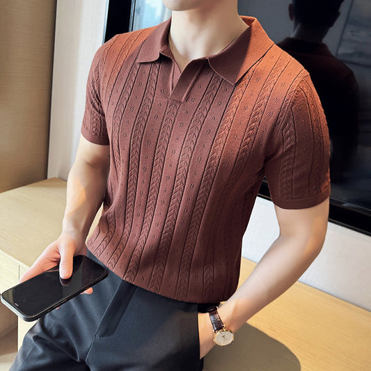 Gestreiftes Jacquard-Strick-T-Shirt mit V-Ausschnitt | Ideal für den Sommer