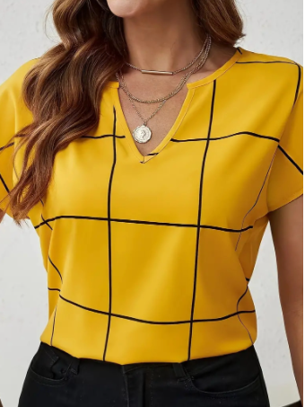 Karierte Bluse mit Eingeschnittenem Ausschnitt und Kurzen Ärmeln I Ideal für Frühling und Sommer
