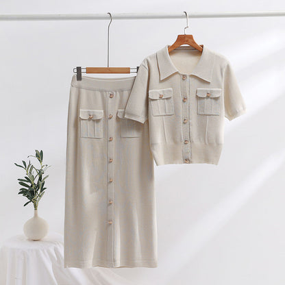 Strick Polo Kragen Kurzarm Pullover und Mid-Länge Rock Set | Ideal für Frühling