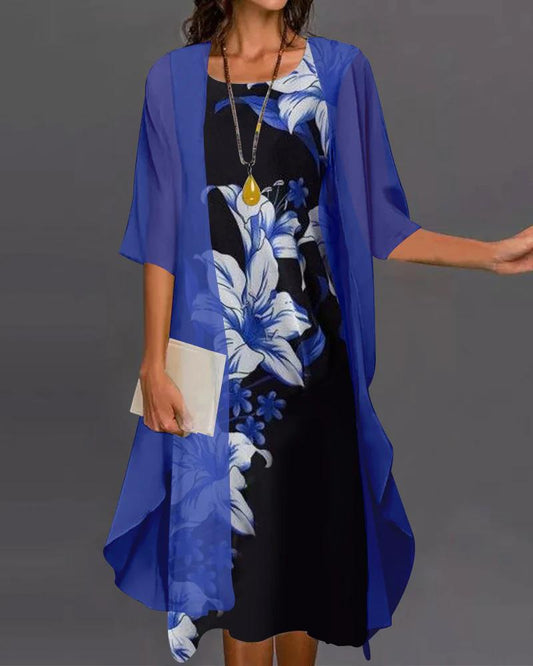 Bedrucktes Zweiteiliges Kleid mit Mittellangen Ärmeln und Asymmetrischem Saum | Ideal für Frühling und Sommer