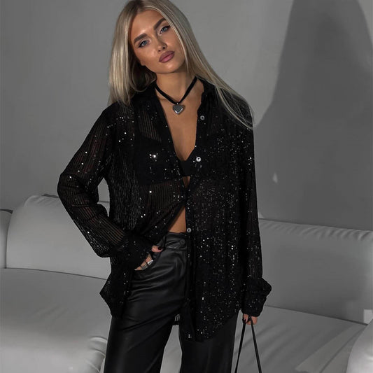 Pailletten Revers Langarmshirt | Ideal für Herbst
