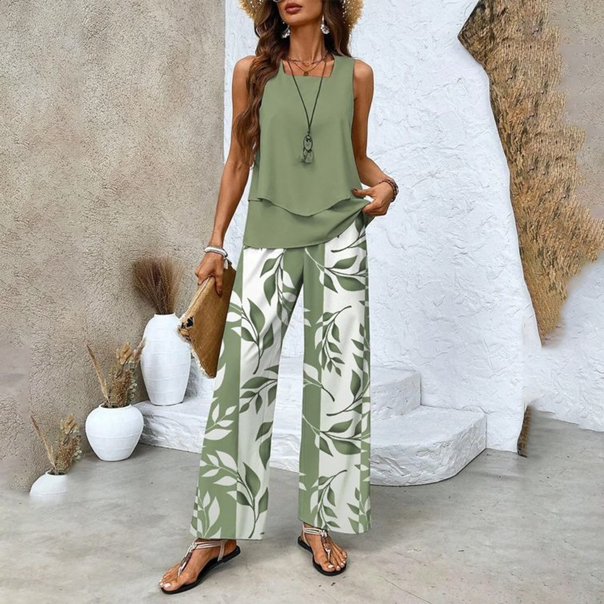Zweiteiliges Set mit Ärmelosem Top und Quadratischem Ausschnitt sowie Botanisch Gemusterten Hosen | Ideal für Frühling und Sommer
