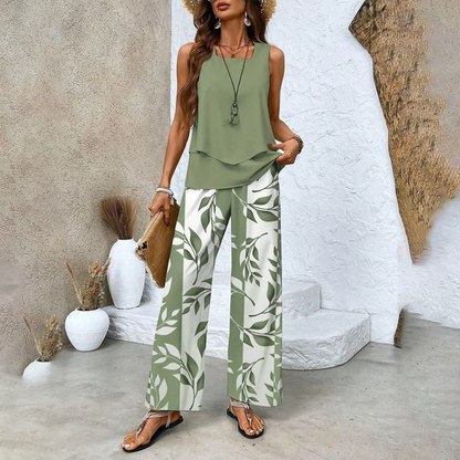 Zweiteiliges Set mit Ärmelosem Top und Quadratischem Ausschnitt sowie Botanisch Gemusterten Hosen | Ideal für Frühling und Sommer