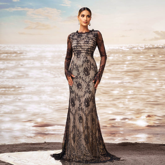 Abendkleid mit Langarm aus Pailletten und Gaze mit Meerjungfrauenschnitt | Ideal für Herbst und Winter