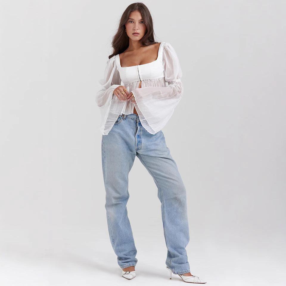Damen Transparentes Chiffonoberteil mit Langarm und Karreeausschnitt | Ideal für Frühling und Sommer
