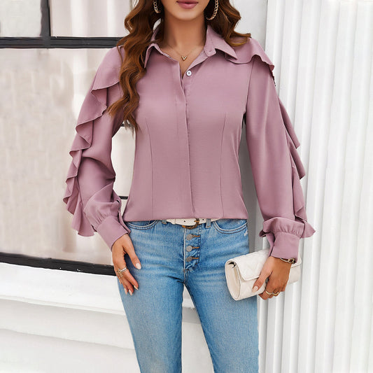Unifarbene Cardigan-Bluse mit Rüschärmeln aus Polyester | Ideal für Frühling und Sommer