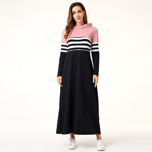 Gestreiftes Patchwork Hoodie-Kleid mit Langarm | Ideal für Herbst und Winter