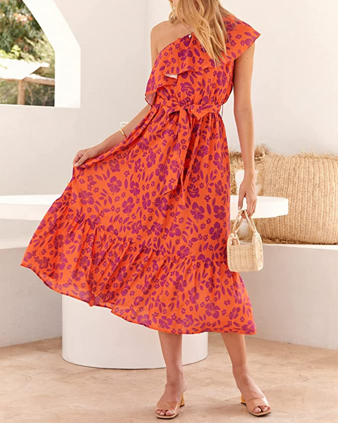 Ärmelloses Boho-Print High-Waist-Kleid mit asymmetrischer Schulter | Ideal für Frühling und Sommer