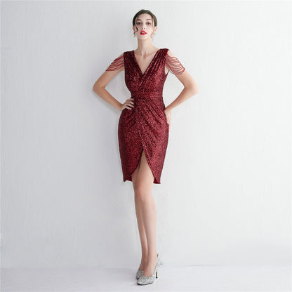 Beadiertes V-Ausschnitt Abendkleid mit Schmaler Passform | Ideal für Alle Jahreszeiten