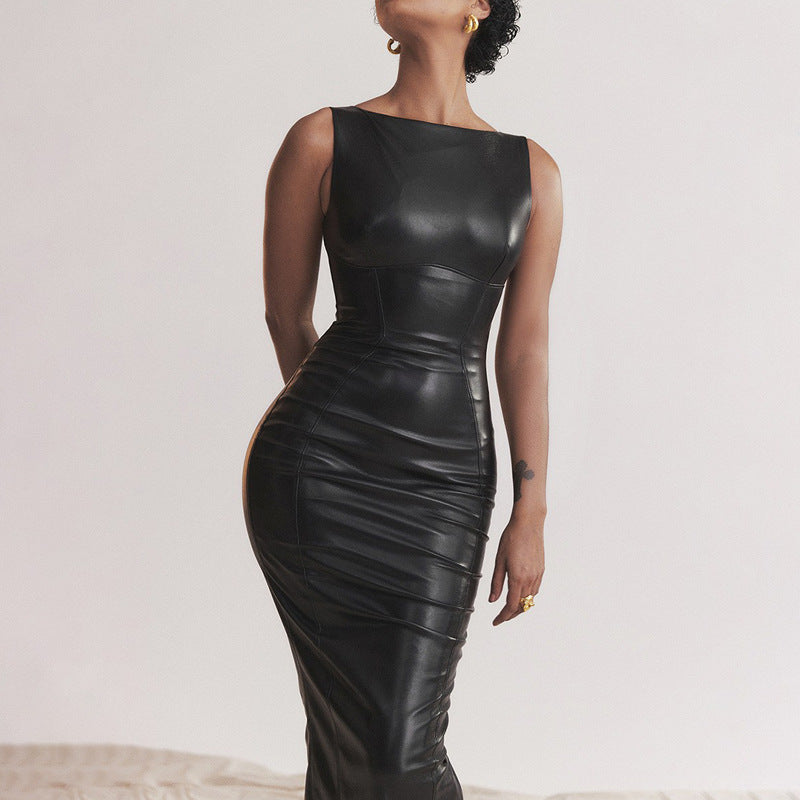 Ärmelloses PU-Leder Asymmetrisches Langkleid | Ideal für den Herbst