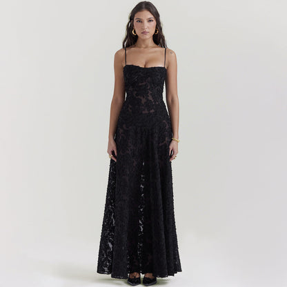 Spitzen A-Linien Langkleid mit Spaghetti-Trägern und Hoher Taille | Ideal für Sommer