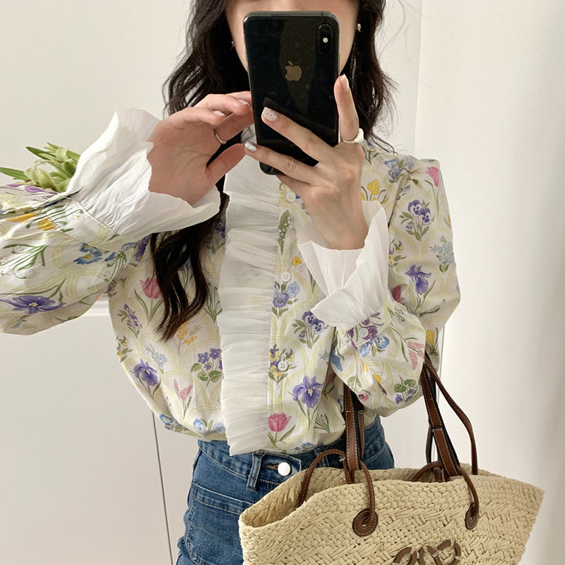 Turtleneck Patchwork Ruffled Bluse mit Flared Ärmeln | Ideal für Herbst