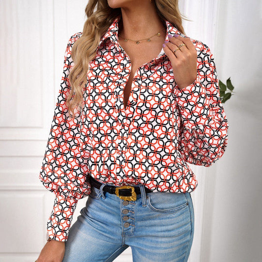 Locker geschnittenes Langarm-Hemd mit Geometrischem Druck im Cardigan-Stil | Ideal für Frühling und Herbst