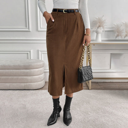 Cordhosen Hohe Taille Mid-Length Rock mit Seitenschlitz | Ideal für Herbst und Winter