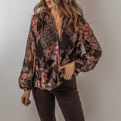 V-Ausschnitt Langarm Chiffon-Bluse mit Blumenmuster | Ideal für den Frühling