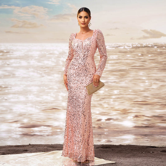 Paillettenbesetztes Langarm-Fishtail-Kleid mit Quadratausschnitt | Ideal für Herbst und Winter