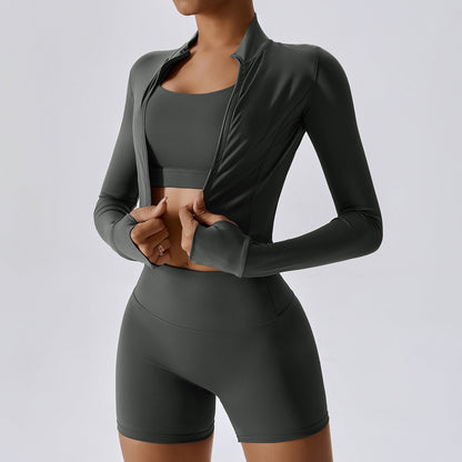 Langarm Sport-BH und Shorts Dreiteiliges Set mit Taillenlangem Jacke | Ideal für Frühling und Herbst