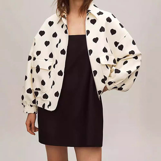Polyesterjacke mit Herzmuster Reverskragen Reißverschluss und Taschen | Ideal für Frühling und Herbst        4.1-mini