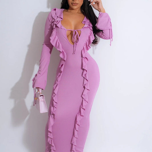 Violettes Langarmkleid mit Schnürung und Rüschenkante im Hüftrock-Stil | Ideal für Herbst und Winter