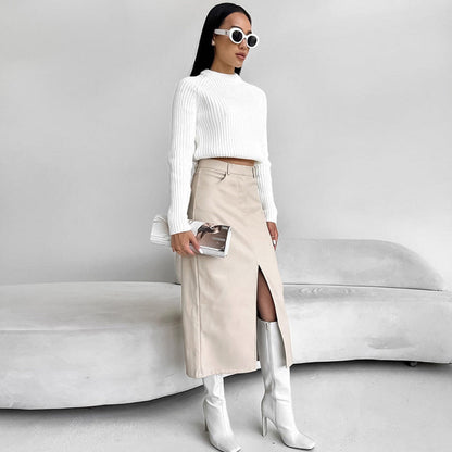 Fleece Gefütterter PU Leder Gerade Geschnittener Rock | Ideal für Herbst und Winter
