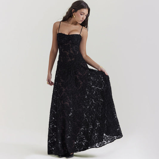Spitzen A-Linien Langkleid mit Spaghetti-Trägern und Hoher Taille | Ideal für Sommer