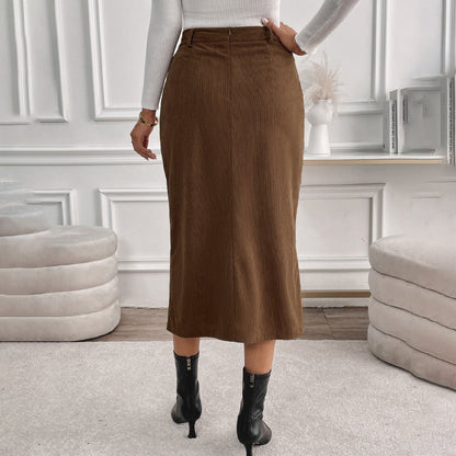 Cordhosen Hohe Taille Mid-Length Rock mit Seitenschlitz | Ideal für Herbst und Winter