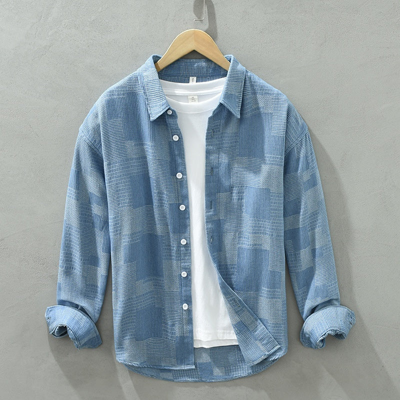 Jacquard Color Block Denim Langarmshirt | Ideal für Frühling und Herbst