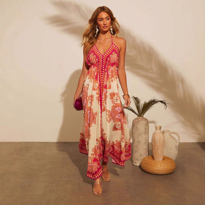 Schulterfreies V-Ausschnitt Spaghettiträger Kleid mit Blumenmuster | Ideal für Frühling und Sommer