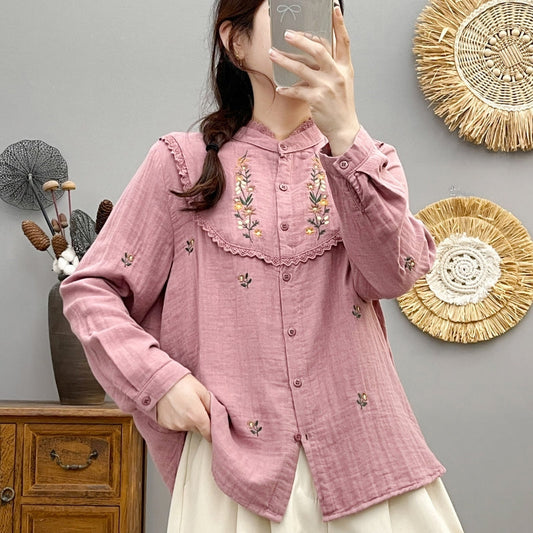 Besticktes Spitzen Baumwollgarn Langarmshirt | Ideal für Frühling