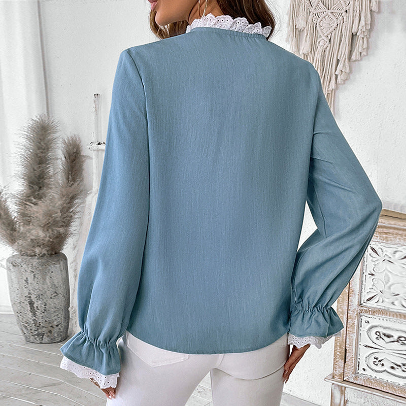 Einreihiges Blaues Cardigan-Hemd mit Spitzenkragen | Ideal für Frühling & Herbst
