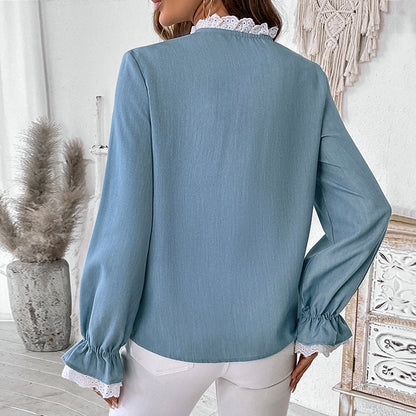Einreihiges Blaues Cardigan-Hemd mit Spitzenkragen | Ideal für Frühling & Herbst