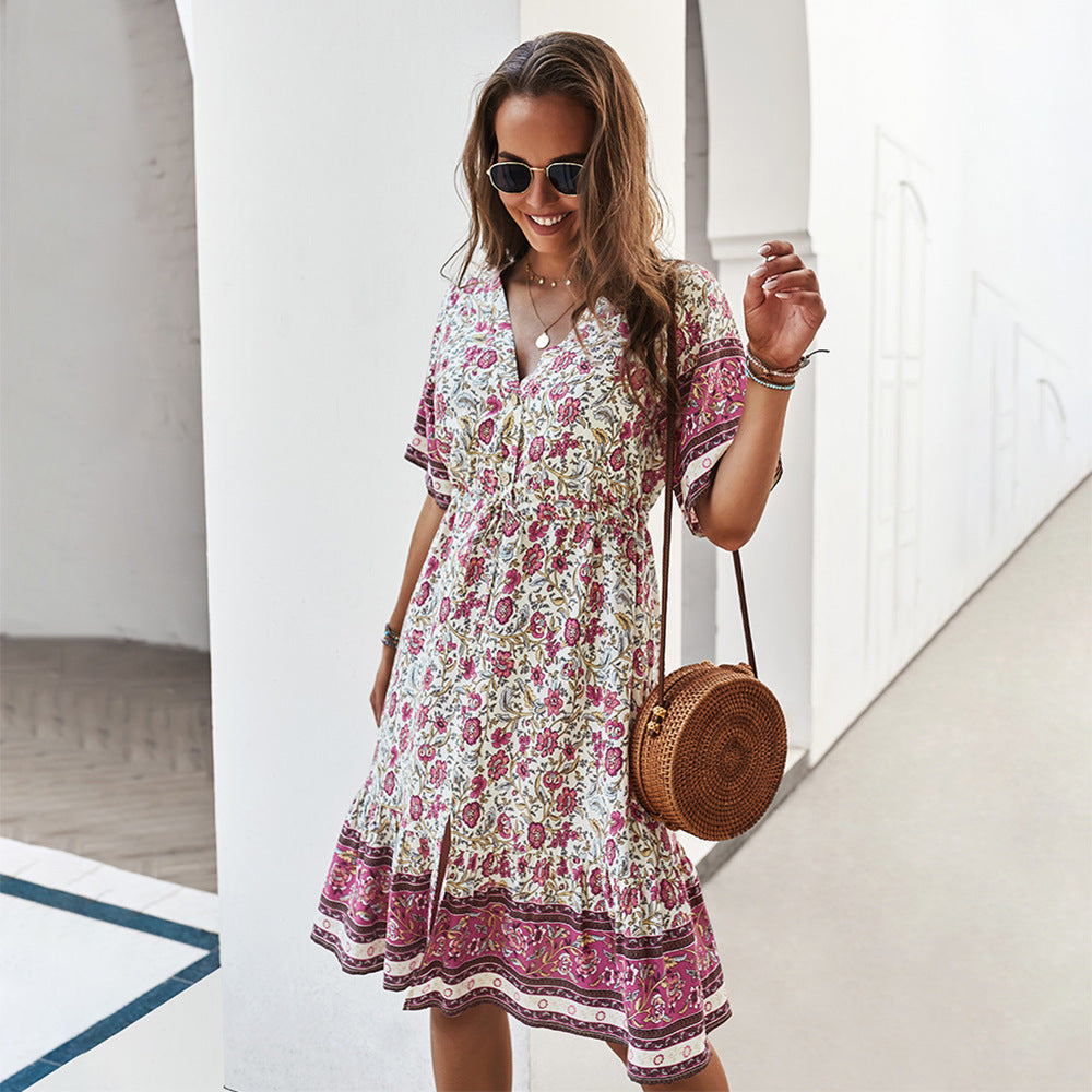 Bedrucktes V-Ausschnitt-Midi-Kleid mit Rüschen-Saum | Ideal für Frühling und Sommer