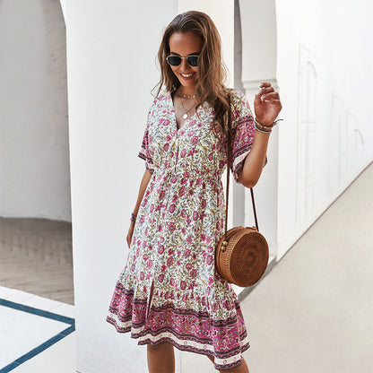 Bedrucktes V-Ausschnitt-Midi-Kleid mit Rüschen-Saum | Ideal für Frühling und Sommer