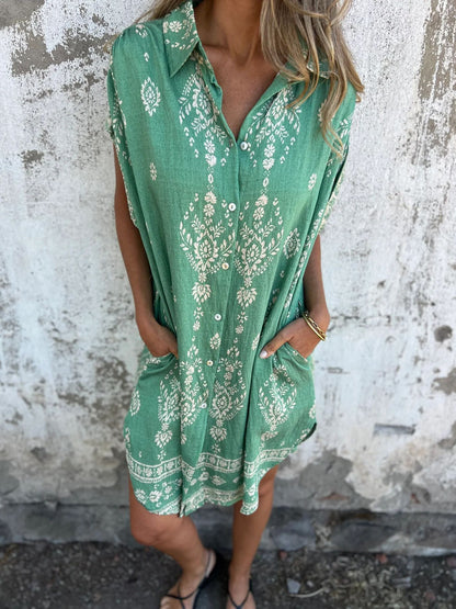 Bedrucktes Baumwoll-Leinen Kleid mit Kurzen Ärmeln und Taschen in Midilänge | Ideal für Frühling und Sommer