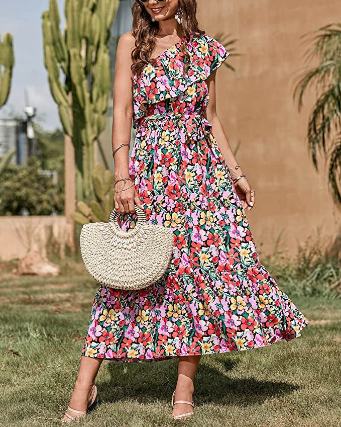 Ärmelloses Boho-Print High-Waist-Kleid mit asymmetrischer Schulter | Ideal für Frühling und Sommer