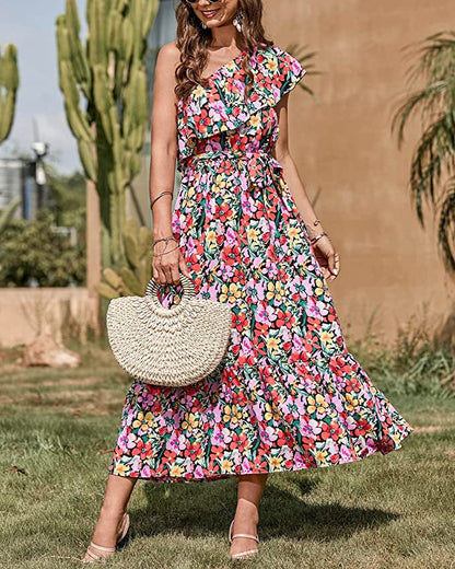 Ärmelloses Boho-Print High-Waist-Kleid mit asymmetrischer Schulter | Ideal für Frühling und Sommer