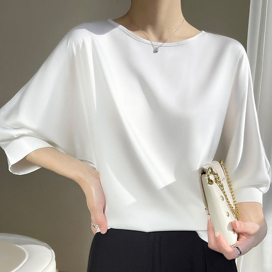 Lockeres Satin Ice Silk Kurzarmshirt mit Rundhals | Ideal für Sommer