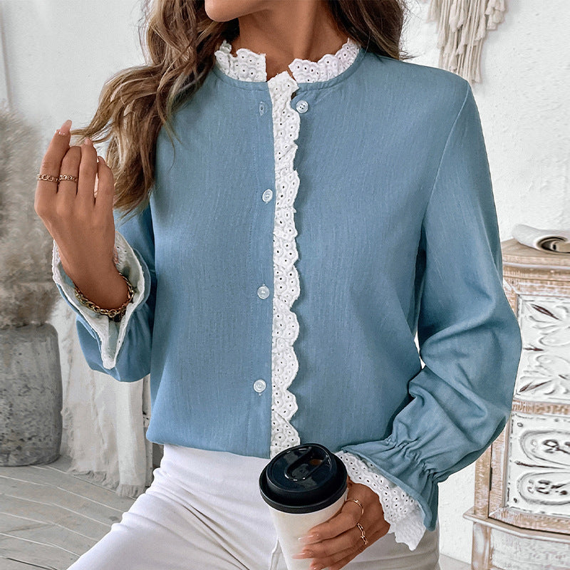 Einreihiges Blaues Cardigan-Hemd mit Spitzenkragen | Ideal für Frühling & Herbst
